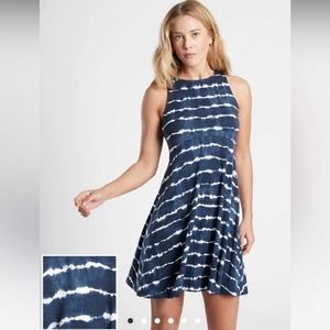 Athleta Santorini Thera Blue White Tie Dye Stripe Printed Sleeveless Flare Dress